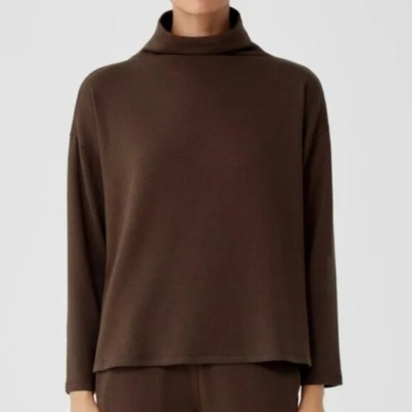 NWT Eileen Fisher Cozy Funnel Neck Box Top Brown Size Large - Picture 1 of 7